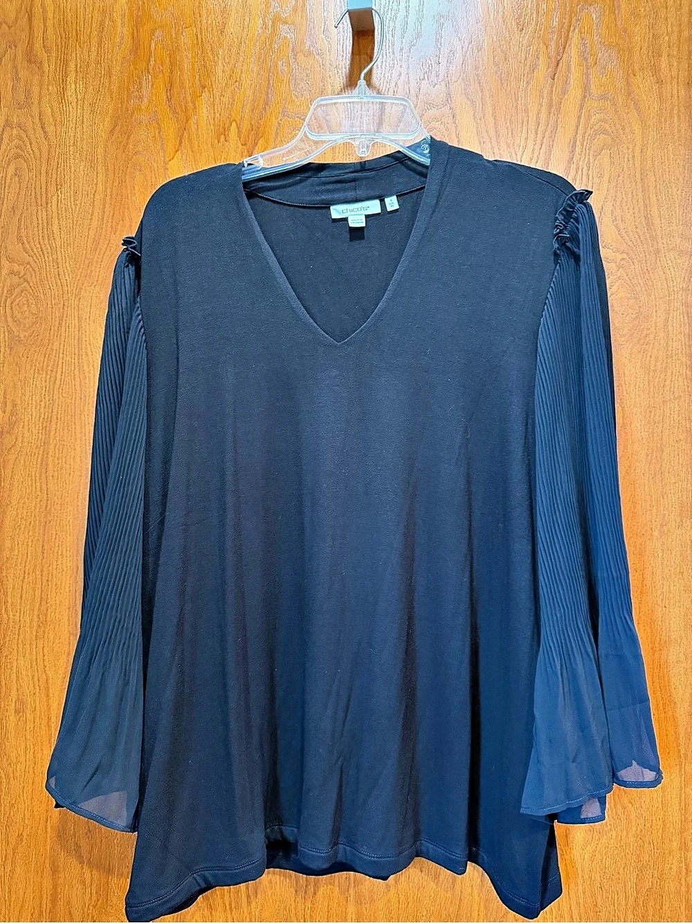 Chico's Touch of Cool Ruffle Sleeve Top Ruffle Sleeve Blouse in Black XL.